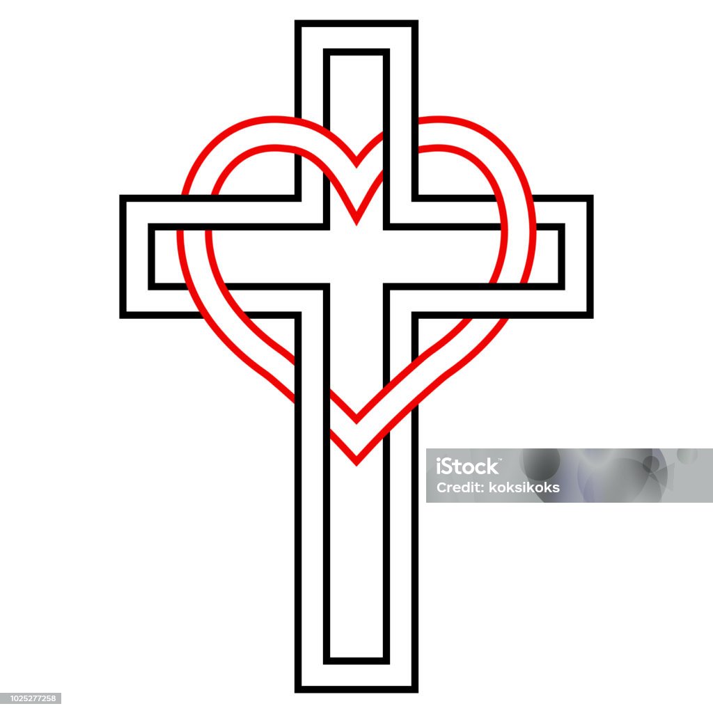 Verflechtung von Herz und Christian Kreuz, Vektor-Symbol des Glaubens und Liebe zu Gott. Christliches symbol - Lizenzfrei Kreuz - Form Vektorgrafik