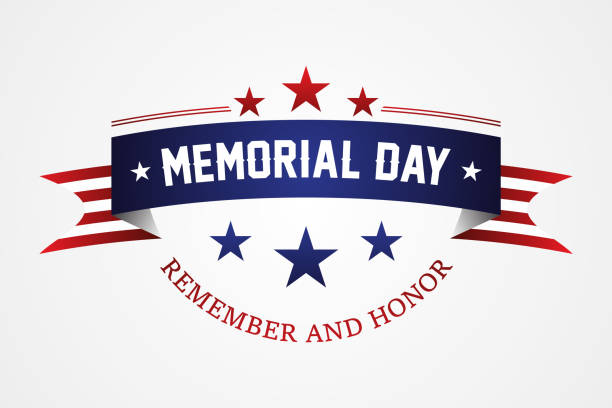 illustrazioni stock, clip art, cartoni animati e icone di tendenza di memorial day - nastro bandiera americana con scritte memorial day - backgrounds us memorial day patriotism american flag