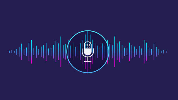Concept of voice recognition. Sound wave with imitation of voice, sound and microphone icon. Concept of voice recognition. Sound wave with imitation of voice, sound and microphone icon. microphone patterns stock illustrations