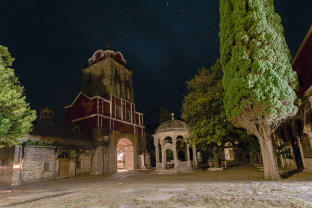 istock Iviron medieval Monastery building details on Holy Mount Athos. The Athonite State is commonly referred to in Greek as the 