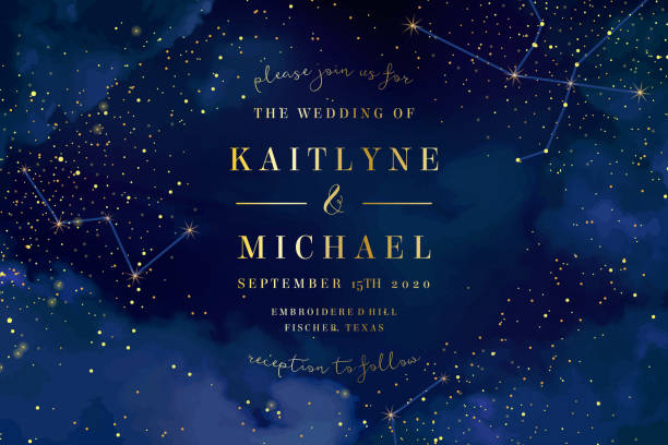 반짝이 마법의 밤 어두운 푸른 하늘 별 벡터에서 결혼식 - 반짝이 일러스트 stock illustrations