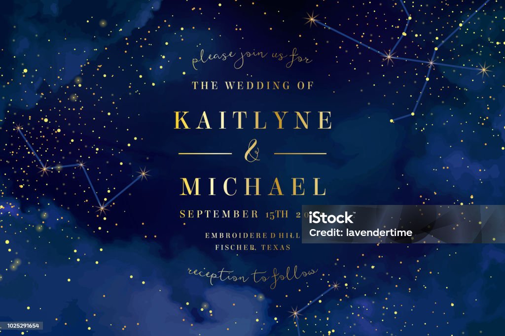 Magic night dark blue sky with sparkling stars vector wedding in Magic night dark blue sky with sparkling stars vector wedding invitation. Andromeda galaxy. Gold glitter powder splash background. Golden scattered dust. Midnight milky way. Fairytale magic card. Star - Space stock vector