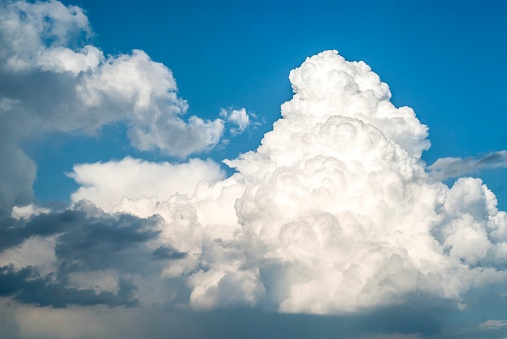 Summer Blue Sky and white cloud white background. Beautiful clear cloudy in sunlight calm season. Panoramic vivid cyan cloudscape in nature environment. Outdoor horizon skyline with spring sunshine.