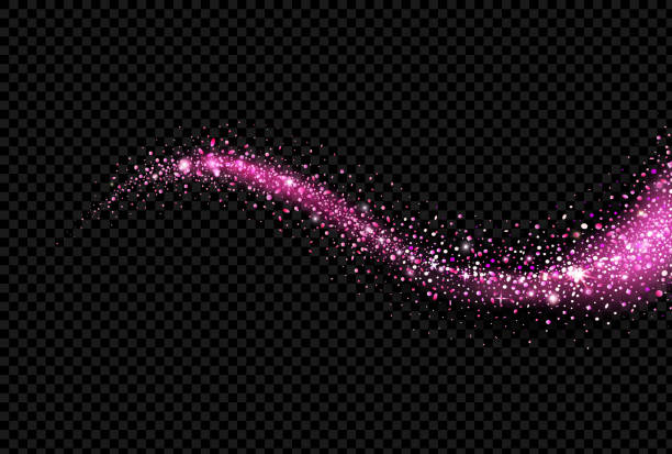 Shining glittering comet with star dust, glowing purple wave on black background Shining glittering comet with star dust, glowing purple wave on black background pink color stock illustrations