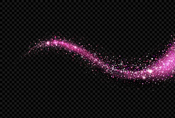 Vector illustration of Shining glittering comet with star dust, glowing purple wave on black background