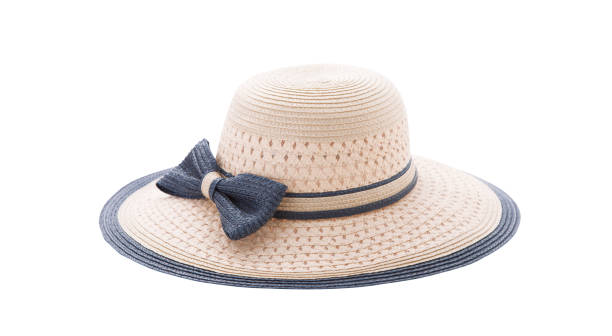 istock Pretty straw hat with blue ribbon isolated on white background, Brown straw hat on white. 1025313884