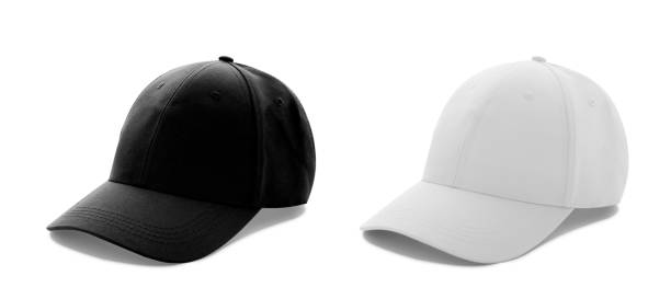 野球キャップの白と黒のテンプレート、白い背景で隔離の正面図 - 縁なし帽子 ストックフォトと画像