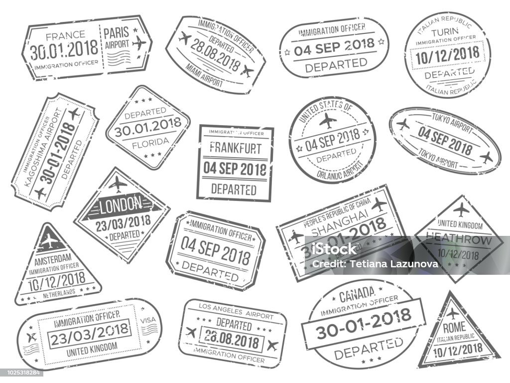 Business airport cachet mark and customs passports control stamp. Foreign travel and immigration passport official stamps vector set Simple business airport cachet mark and customs airplane passports control stamp. Foreign Japan UK Italy China Canada France travel and immigration passport official stamps vector stamps sign set Passport Stamp stock vector
