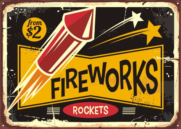 ilustrações, clipart, desenhos animados e ícones de sinal de fogos de artifício retrô com foguete vermelho - outdoor fire