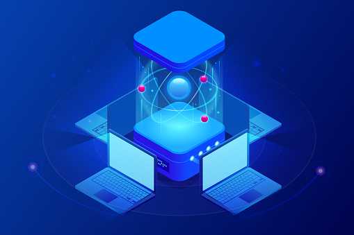 Isometric Quantum computing or Supercomputing. A quantum computer is a device that performs quantum computing. Vector illustration.