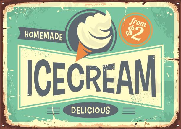 Ice cream promotional retro poster Ice cream promotional retro poster or sign board design. Vintage metal sign for delicious ice cream in a cone. Vector illustration. vintage food and drink stock illustrations