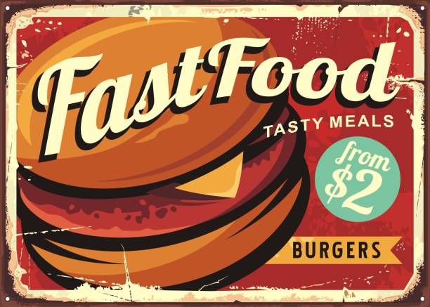 burger-retro-zeichen - menu fast food restaurant food beef stock-grafiken, -clipart, -cartoons und -symbole