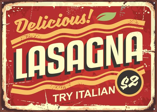 illustrazioni stock, clip art, cartoni animati e icone di tendenza di gustoso cartello in lasagne retrò lasagne - ragù