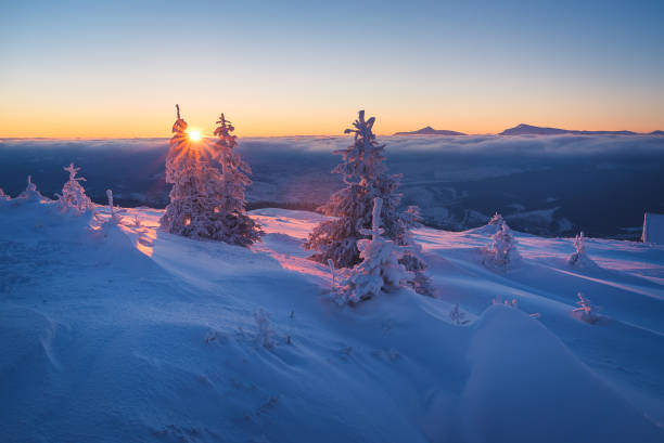 istock Winter landscape with rising sun 1025328850