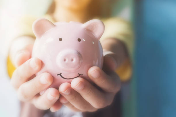 Female hand holding piggy bank. Save money and financial investment Female hand holding piggy bank. Save money and financial investment charity benefit photos stock pictures, royalty-free photos & images
