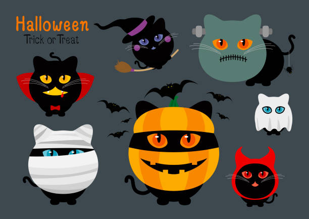 ilustraciones, imágenes clip art, dibujos animados e iconos de stock de juego de gatos de halloween traje vector ilustración - running mummified horror spooky