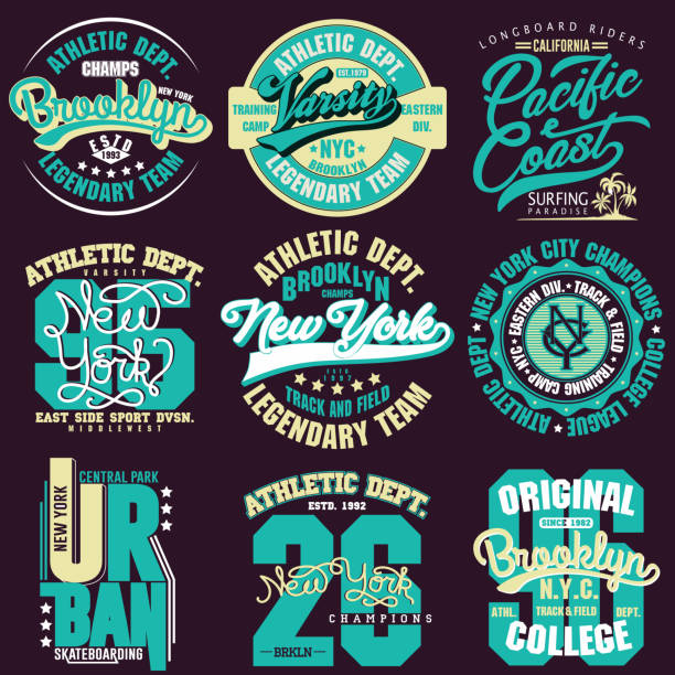 ilustrações, clipart, desenhos animados e ícones de conjunto gráfico do selo t-shirt. emblema de tipografia do esporte wear - old fashioned retro revival sport american football