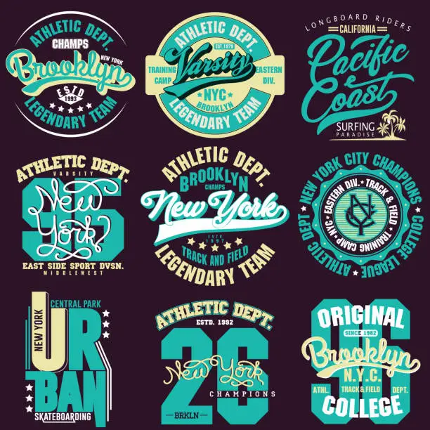 Vector illustration of T-shirt stamp graphic set. Sport wear typography emblem