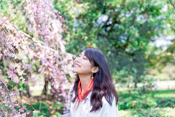 istock Japanese woman taking deep Breath under the cherry tree 1025350544