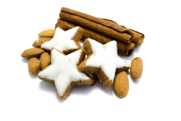 Three Star cookie wih almond and cinnamon isolated on white Background