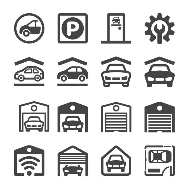 ilustraciones, imágenes clip art, dibujos animados e iconos de stock de icono de estacionamiento - repairing business car symbol