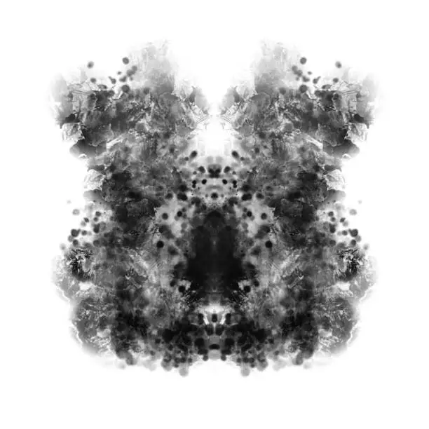 Photo of Rorschach test imagery, abstract monochrome inkblot, isolated on white background