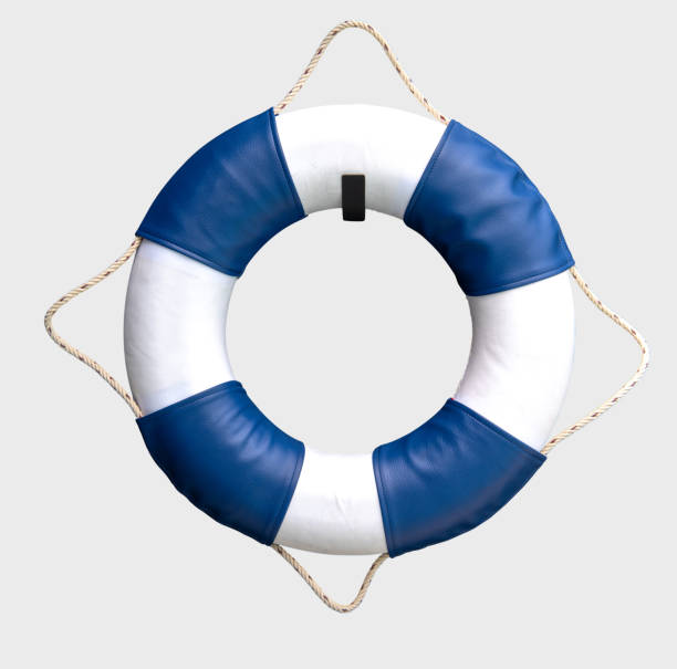 istock White and blue lifebuoy on grey background. 1025397886