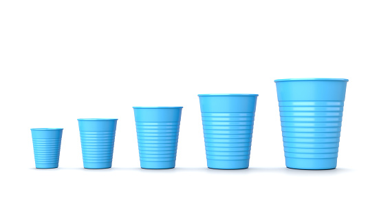 Set of Five, Increasing Size, Blue Plastic Cups Isolated on White Background 3D Illustration