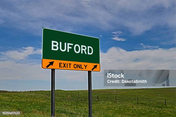 Buford Us Highway Exit Only Sign Stock Photo - Download Image Now - Agricultural Field, Arrow Symbol, Bright
