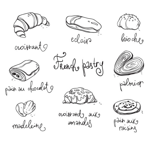 French pastry. Traditional baked desserts.  Black and white vector sketch French pastry. Traditional baked desserts.  Black and white vector sketch croissant illustrations stock illustrations