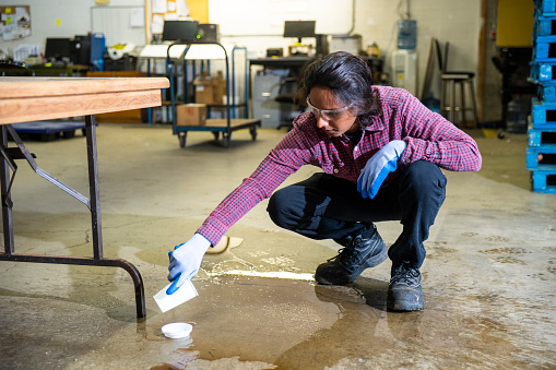 A male worker wearing work boots in a warehouse cleaning up a liquid spill on the floor.