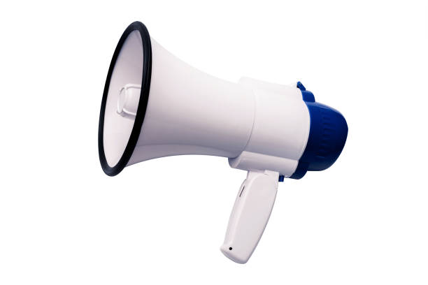 istock Blue white bullhorn public address megaphone on white background. 1025417874