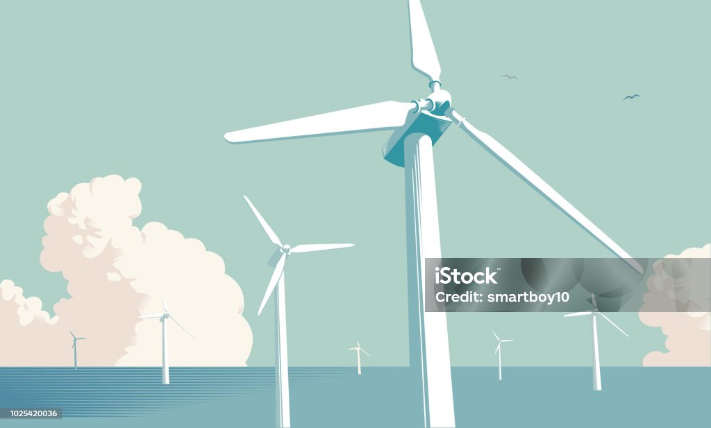 Granja de turbina eólica en el mar - arte vectorial de Aerogenerador libre de derechos Granja de turbina eólica en el mar - arte vectorial de Aerogenerador libre de derechos