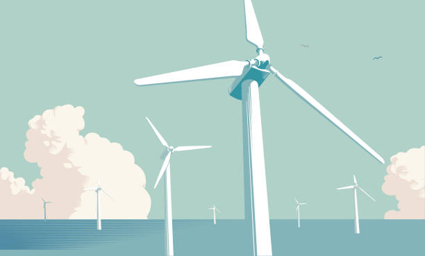 illustrazioni stock, clip art, cartoni animati e icone di tendenza di parco turbine eoliche in mare - pale eoliche