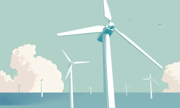 Vector illustration of Wind Turbine Farm at sea