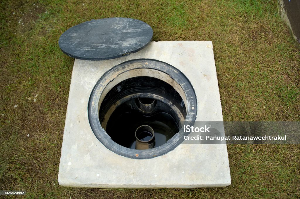 A hole of grease trap with the drain system around the house. Trap Stock Photo