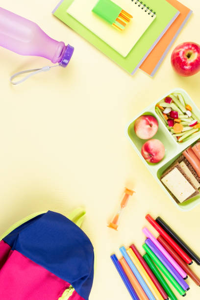 istock School concept flat lay. Kid backpack, lunchbox, water bottle, notebook, markers on wooden desktop 1025426918