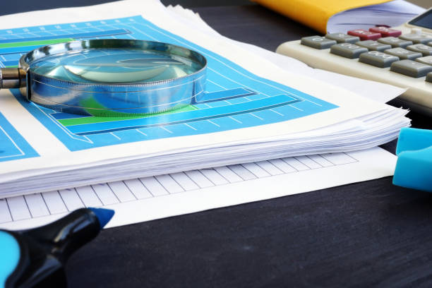 istock Magnifying glass on documents with business graphs and financial information. Internal audit. 1025426974
