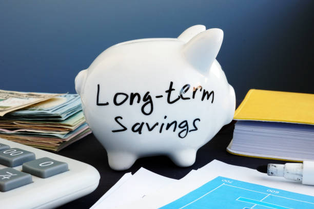 Long-term savings written on a piggy bank.
