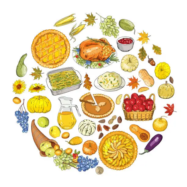 Vector illustration of Set of objects and symbols on the Thanksgiving theme.