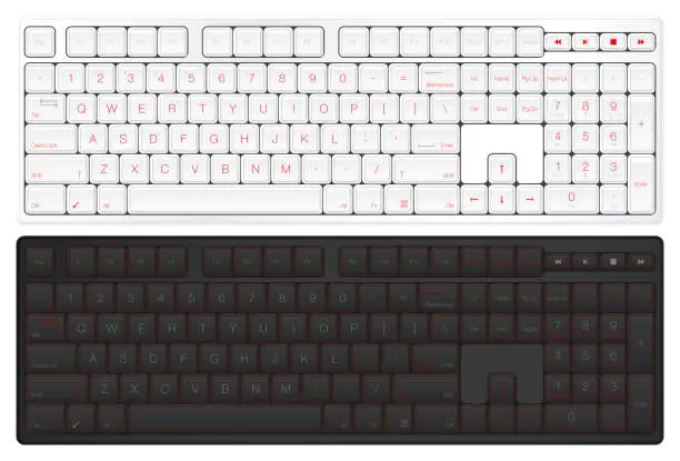 Vector illustration of Realistic Vector Keyboard. Top View Computer Keyboard. Black and White with Red Version