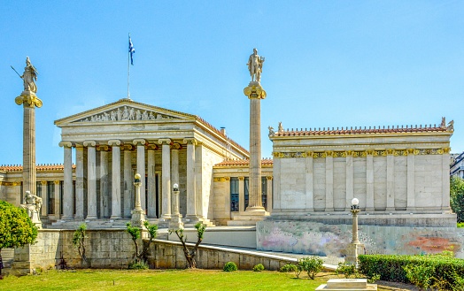 Building of the modern Academy of Athens, the highest research establishment of the country located in Panepistimio is one of the landmarks of Athens