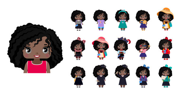 ilustraciones, imágenes clip art, dibujos animados e iconos de stock de vector lindas niñas afroamericanas - princesa de anime