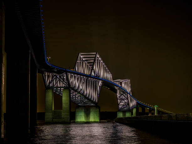 It is a night view in Tokyo Bay in Japan. The bridge is called Tokyo Gate Bridge and there is Haneda Airport in the back.