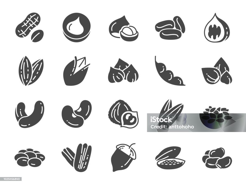 Nuts, seeds and beans icon set. Included icons as walnut, sesame, green beans, coffee, almond, pecan and more. Icon Symbol stock vector