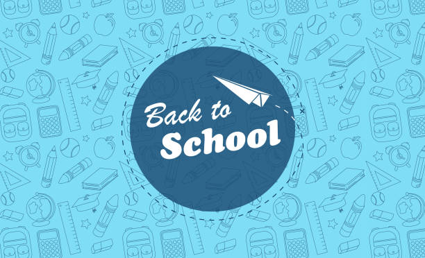 Back to School Blue Background Icons Text, Drawing, Pattern, School Supplies school background stock illustrations