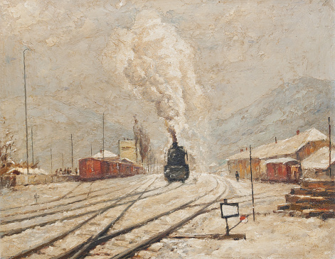 Oil painting showing steam locomotive moving on the railroad tracks during winter.