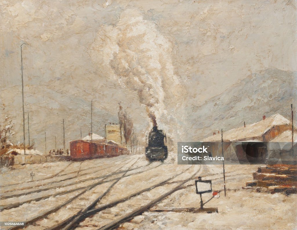 Oil painting - Steam locomotive in winter snow Oil painting showing steam locomotive moving on the railroad tracks during winter. Painting - Activity stock illustration
