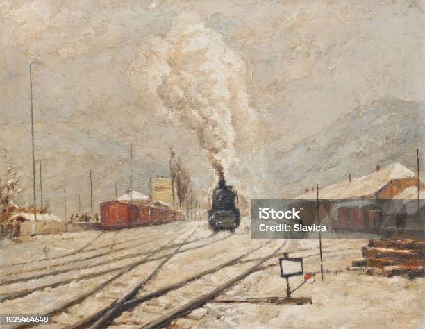 Oil Painting Steam Locomotive In Winter Snow Stock Illustration - Download Image Now - Painting - Activity, Landscape - Scenery, Retro Style