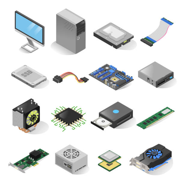 ilustrações de stock, clip art, desenhos animados e ícones de computer parts isometric set - computer chip circuit board isometric computer